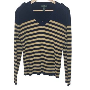 Lauren  Ralph Lauren Navy Gold Striped V-Neck Button‎ Shoulder Sweater Size L